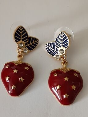 Gold-Tone Red Strawberry Drop Earrings with Blue Leaf Accents